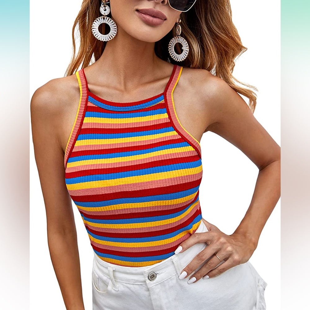 SheIn Sleeveless Rainbow Striped Cami Top Spaghetti Strap Rib Knit Camisole